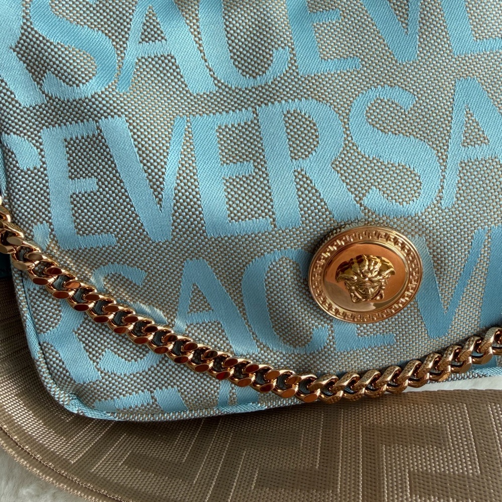 Versace Sky Blue Logo Crossbody Bag with Gold Chain - Picture 2 of 13